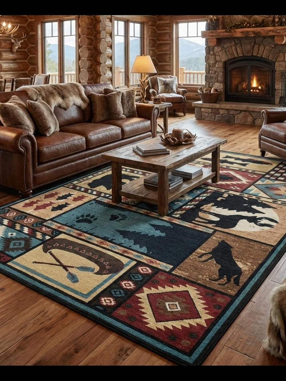 Rustic Rugs for Living Room, Washable Cabin Rug 5x7 Bear Area Rug Country NWT